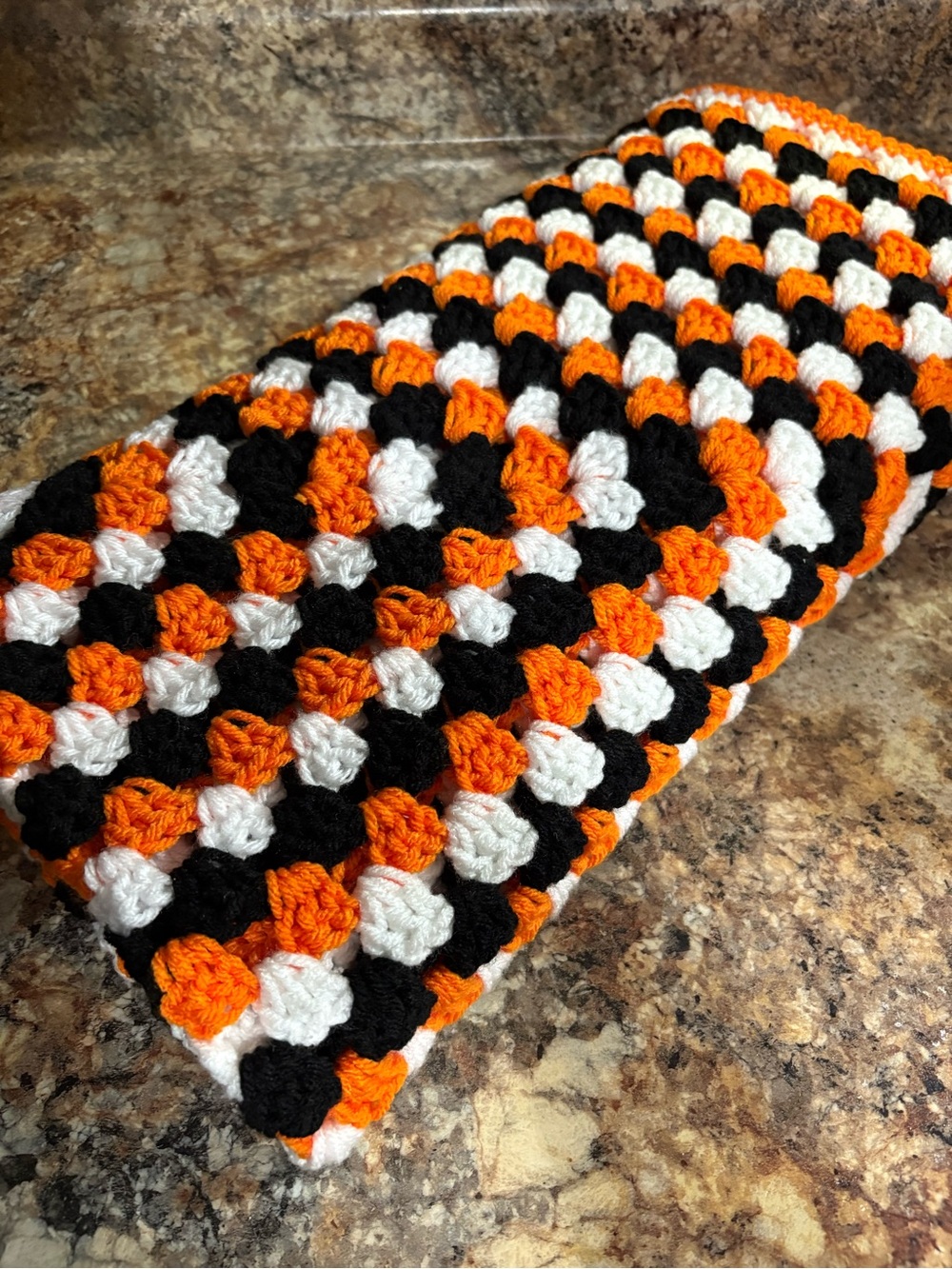 Handmade Crochet Throw Blanket in Orange, Black & White Vintage Granny Square